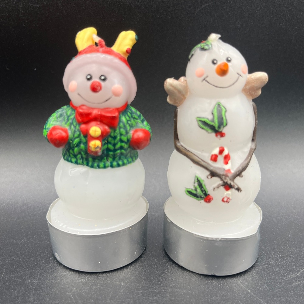 White Barn‎ Candle Co Snowman Tea Light Candles Set of 2 Holiday Decor 3" Cute!